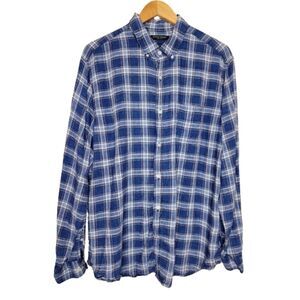 Banana Republic Men's Blue Plaid Linen Long Sleeve Button-up Shirt - XL